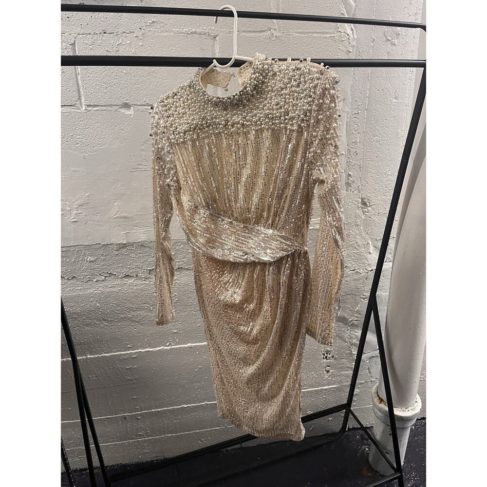 Fashion Nova High Society Sequin Midi Dress Slver Size L